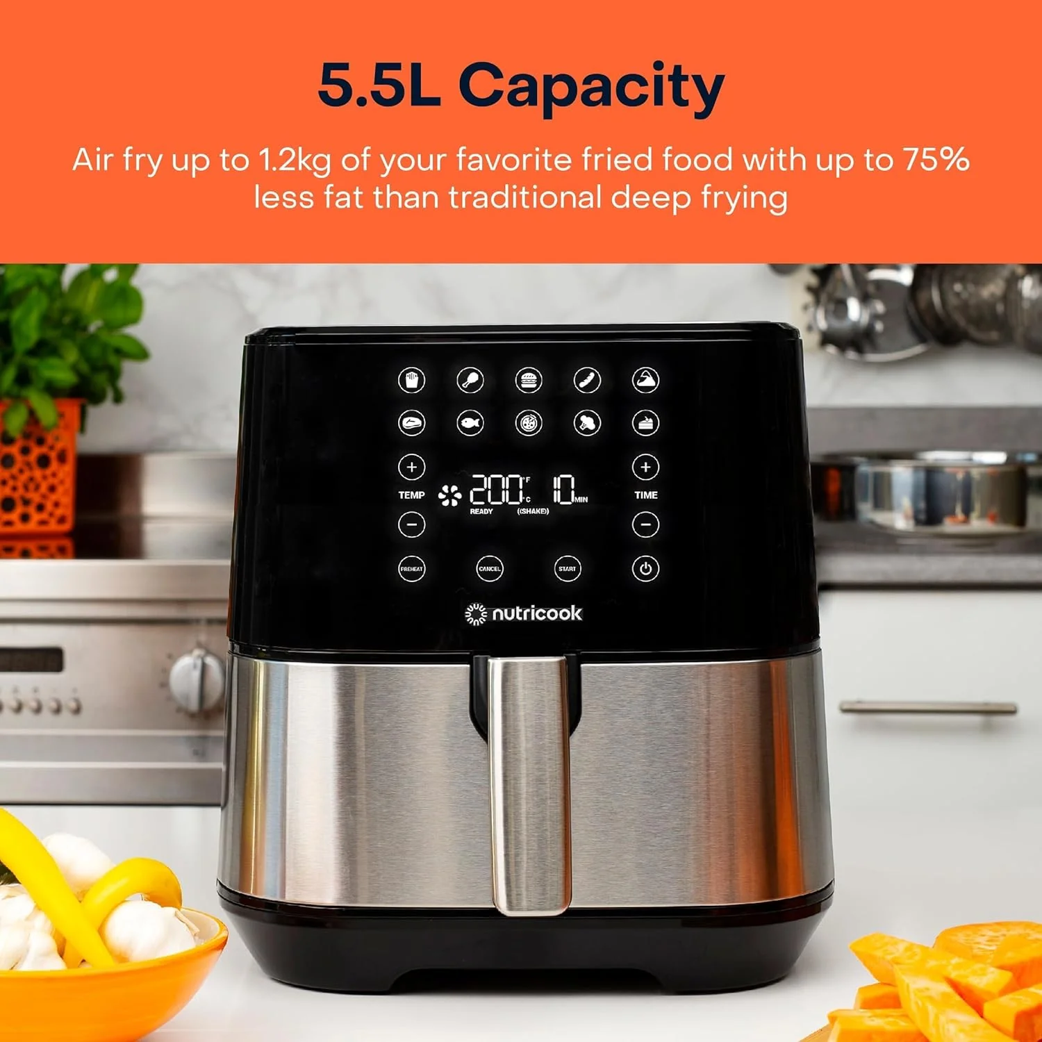 Nutricook Air Fryer 2, 1700 Watts, 5.5 Liters, Brush Stainless Steel/Black, Af205 - Image 4